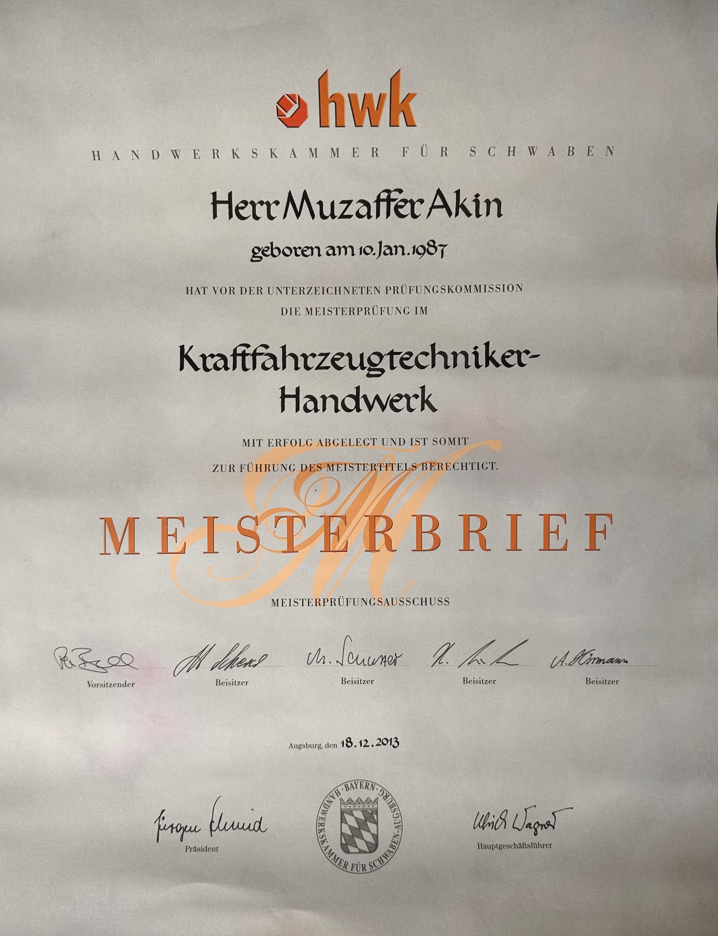 KFZ-Technikermeister-Brief HWK